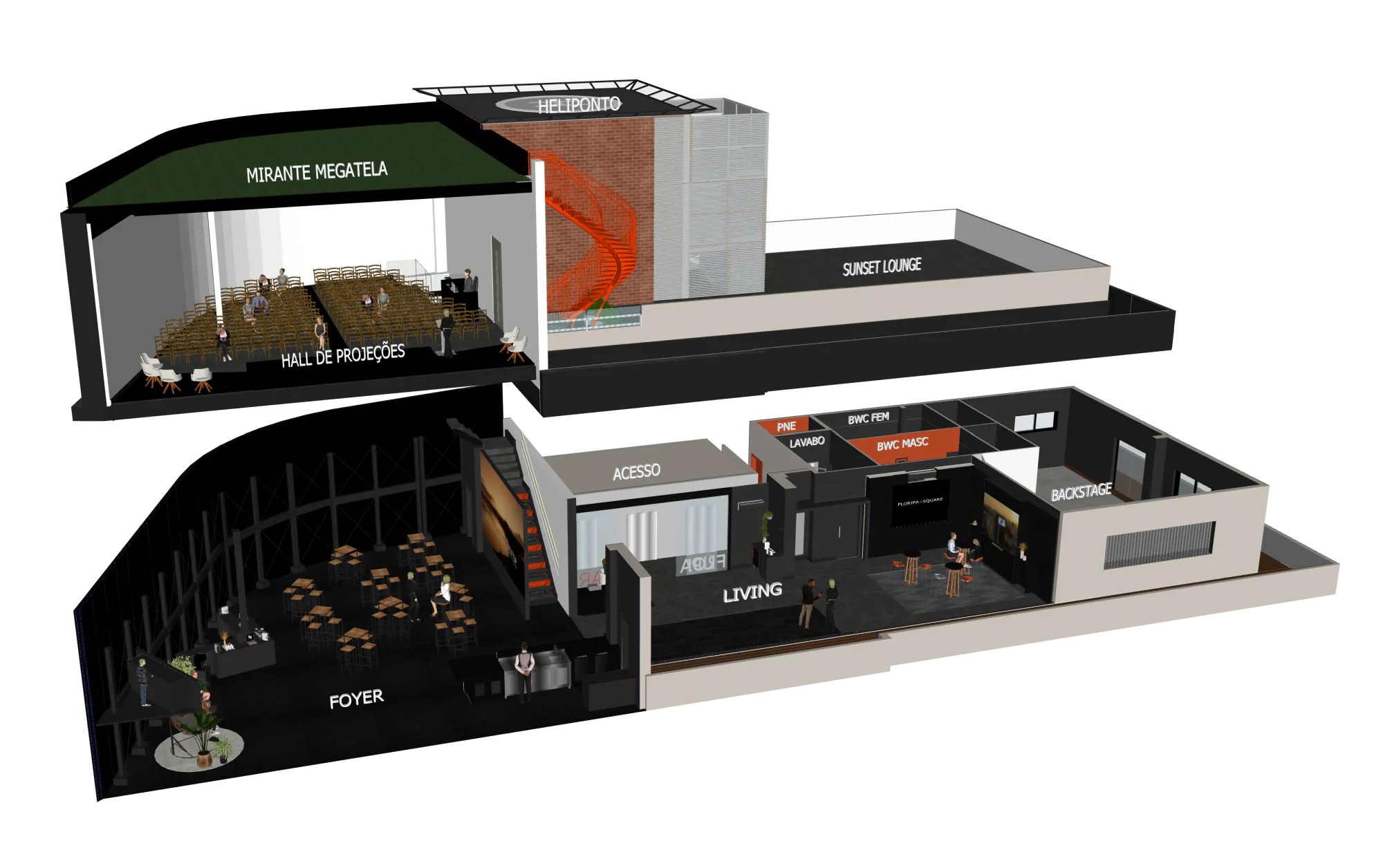 Planta 3D do Rooftop Floripa Square em corte lateral, mostrando os cinco ambientes: Foyer, Living, Hall de Projeções, Mirante Megatela e Sunset Lounge, integrados em dois níveis com heliponto no topo.